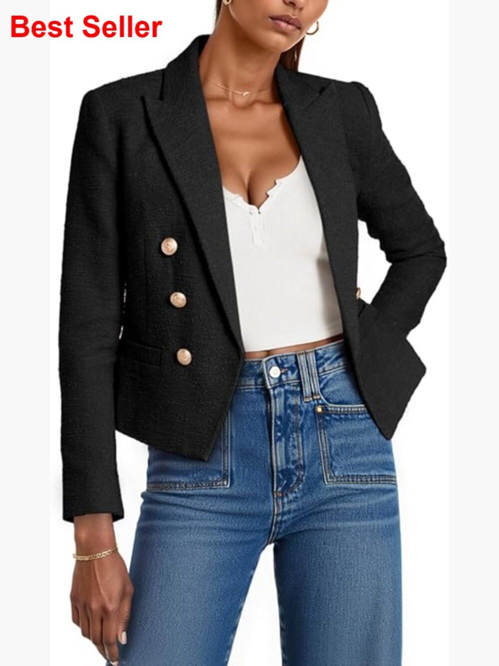 Cropped Tweed Blazer With Lapel And Pockets, Polyester